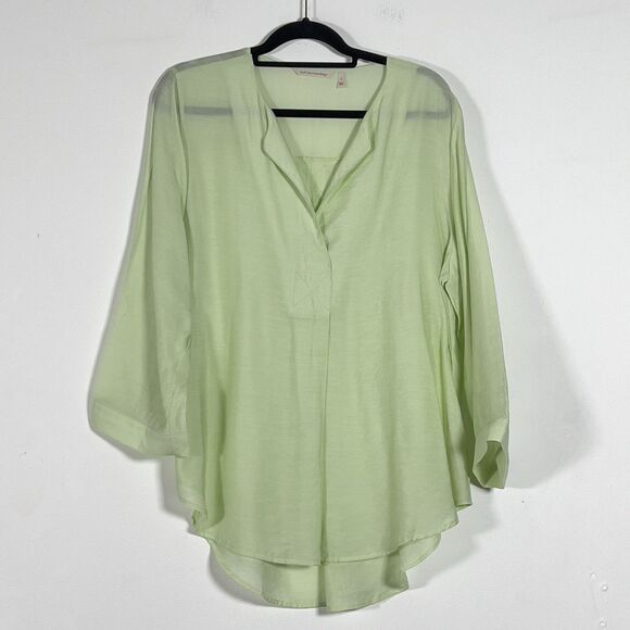 Soft Surroundings Alexis Tunic Top Sz L Green 3/4 Sleeves Split V-Neck - Picture 2 of 15